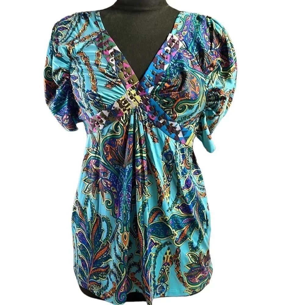 One World Womens Blouse Blue Floral Knit Size S ,Balloon Sleeves, Size Small